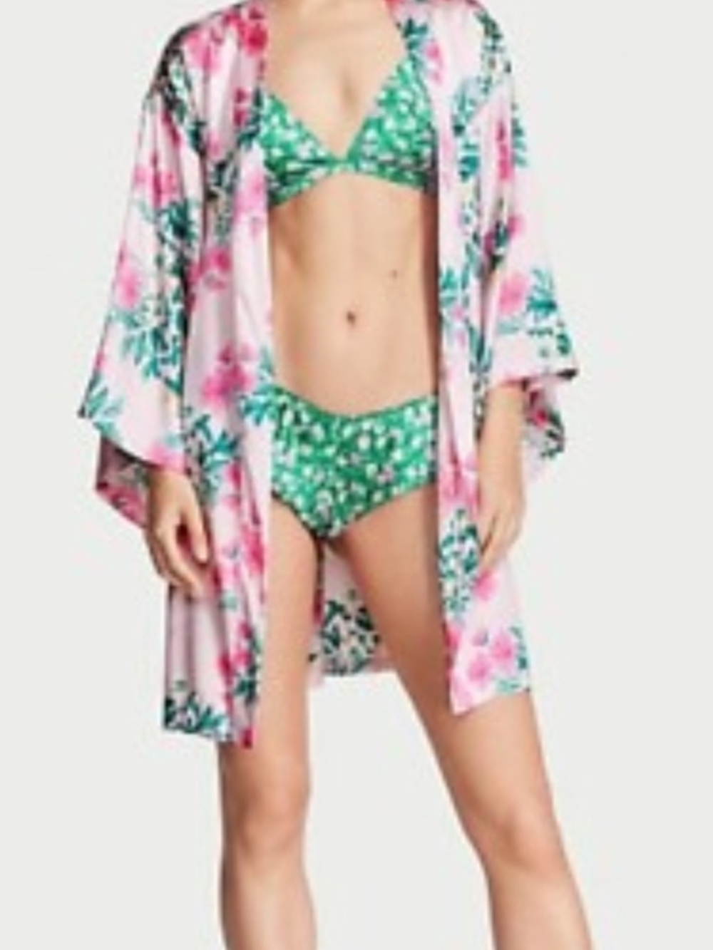 Victoria's Secret Pink Floral Satin Robe with Green Floral Bikini